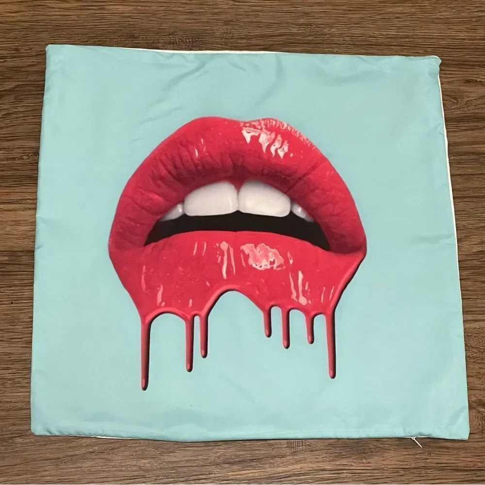 NWOT Red Melting Lips on Blue Background Pillowcase